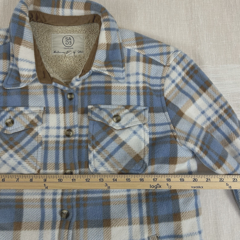 Sage Collective Womens Sz Medium Blue Flannel Jacket Shacket Plaid Fleece Lined - Picture 3 of 6